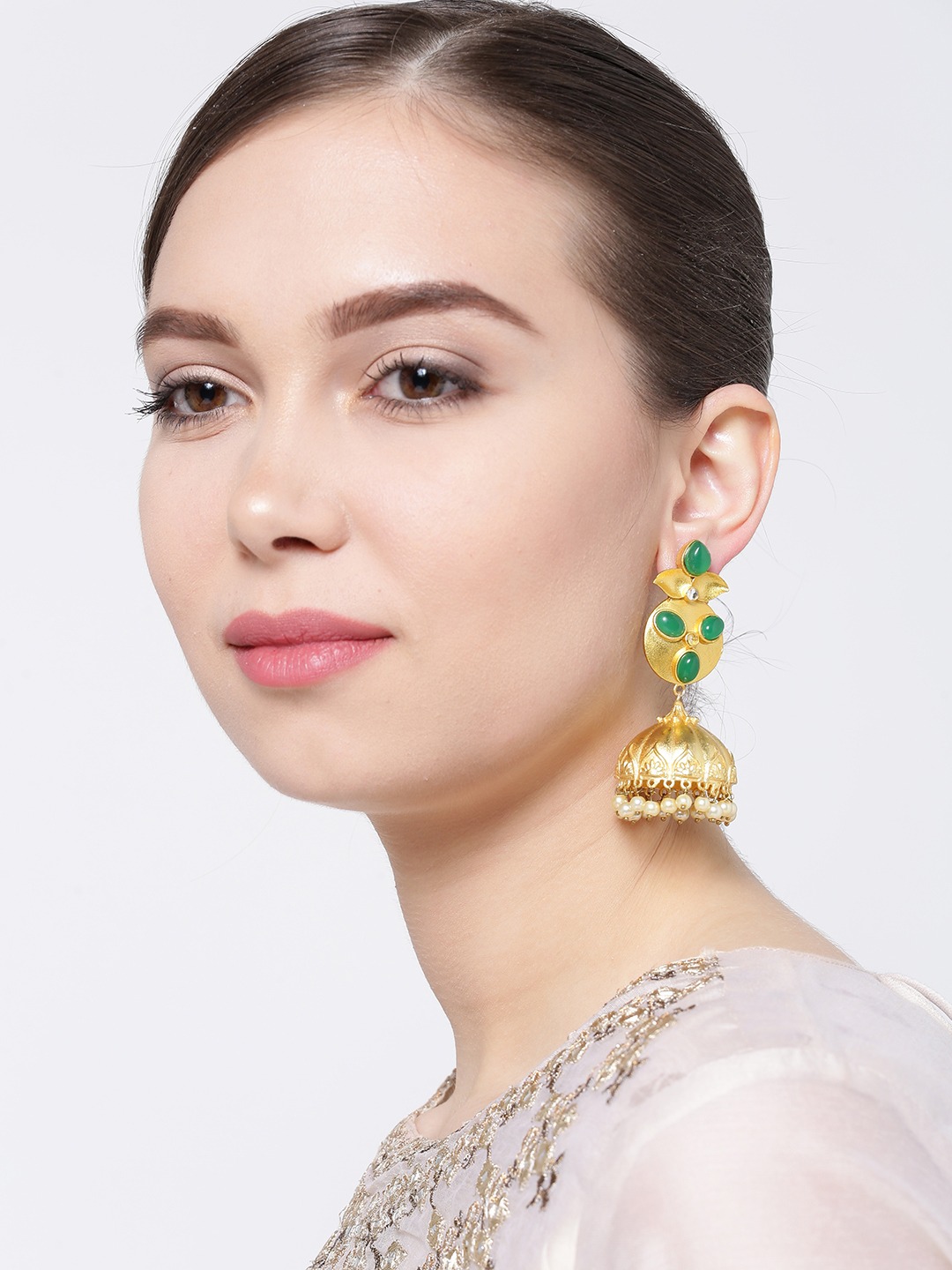 YouBella Green Gold-Plated Dome Shaped Jhumkas